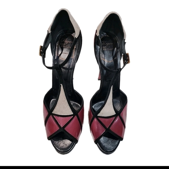Roger Vivier  PARIS Geometric Prism T Strap Heels Silver Maroon Size 38 Heel 5" - Picture 2 of 9